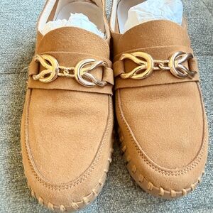 Ilse Jacobsen Tan Suede Slip-On Loafer with gold buckle.